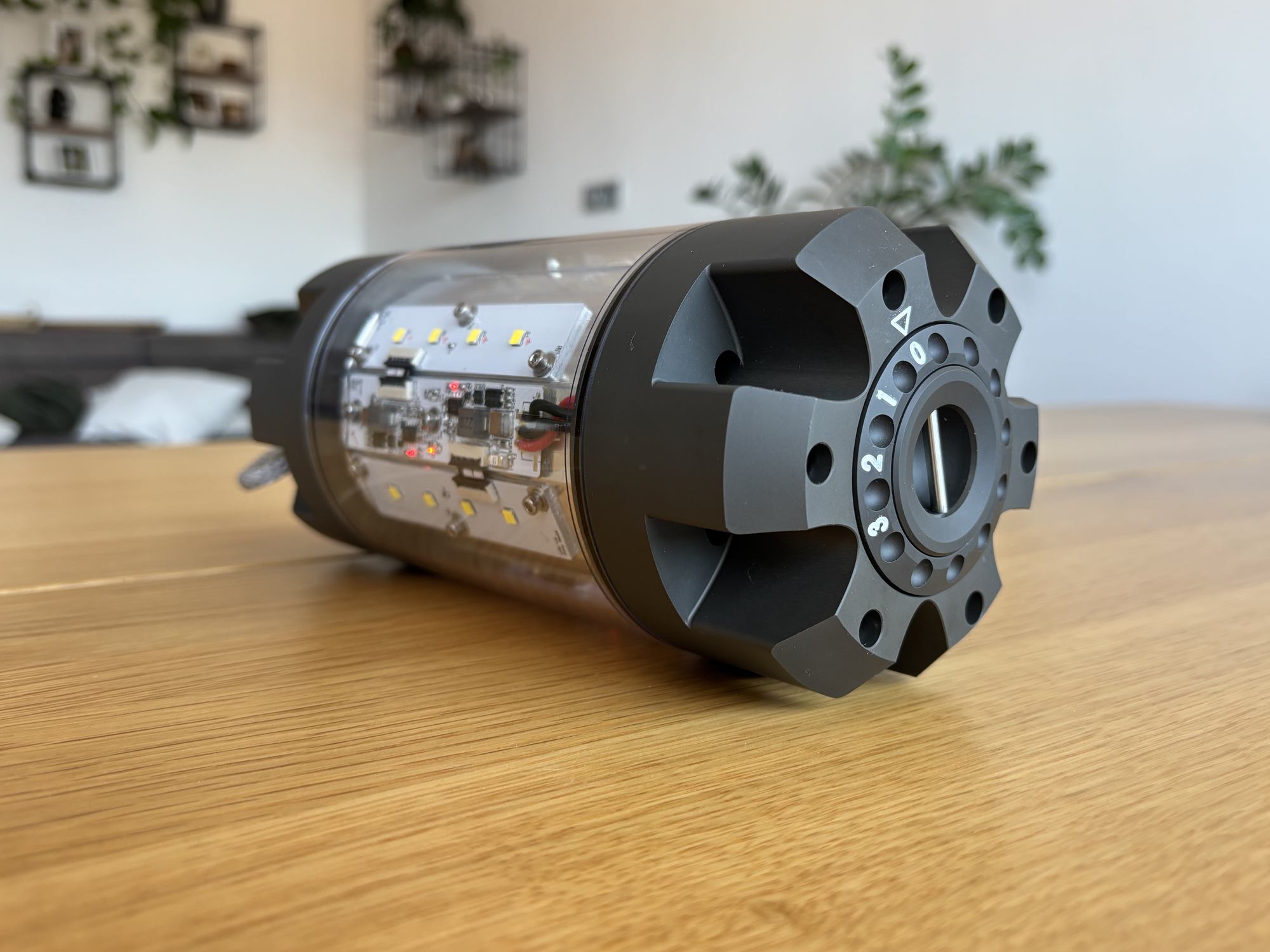 Assembled deep-sea exploration light built around four custom boards: charger, BMS, LED driver, and battery pack