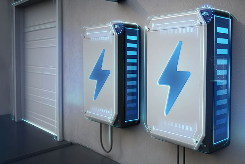 Wall-mounted battery storage unit with status indicators